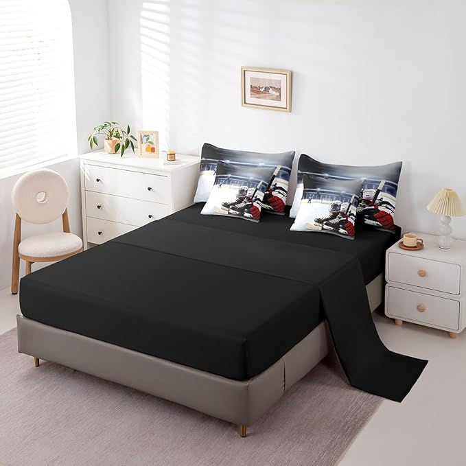 Feelyou Hockey Comforter Set King Size 7 Pcs Ice Hockey Comforter Bed in a Bag Winter Sports Bedding Set for Boys Girls Teens Hockey Lover Bed Set with Sheets, Pillowcases, Pillow Covers
