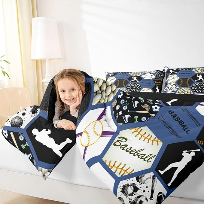 Erosebridal Sports Comforter King Size,Baseball Bedding for Kids Boys,Baseball Player Comforter Sets,Vintage Ball Patchwork Honeycomb Duvet Insert with 2 Pillowshams Lightweight Warm