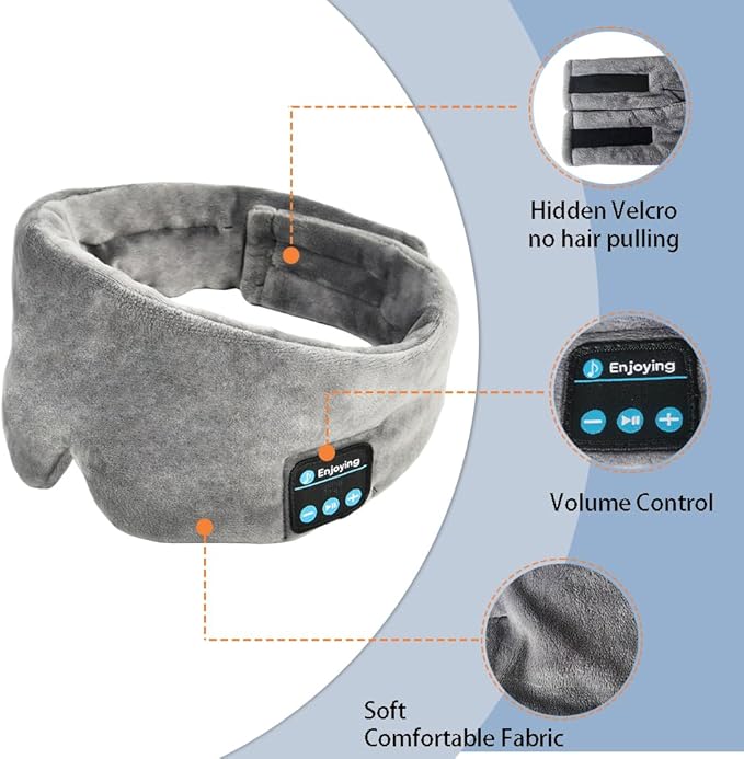 Soft Sleep Eye Mask Bluetooth Headphones Adjustable Sleep Headband Headphones for Sleeping Meditation Insomnia, Wireless Music Eye Cover Earbuds for Airplane Travel Nap(Grey)
