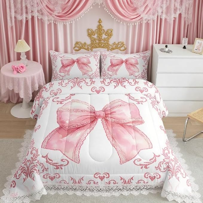 jejeloiu Girls Pretty Ribbon Pink Bow Bedding Set King Size Pink Damask Comforter Set for Kids Women Cute Bow Duvet Set Princess Quilt Set 3Pcs