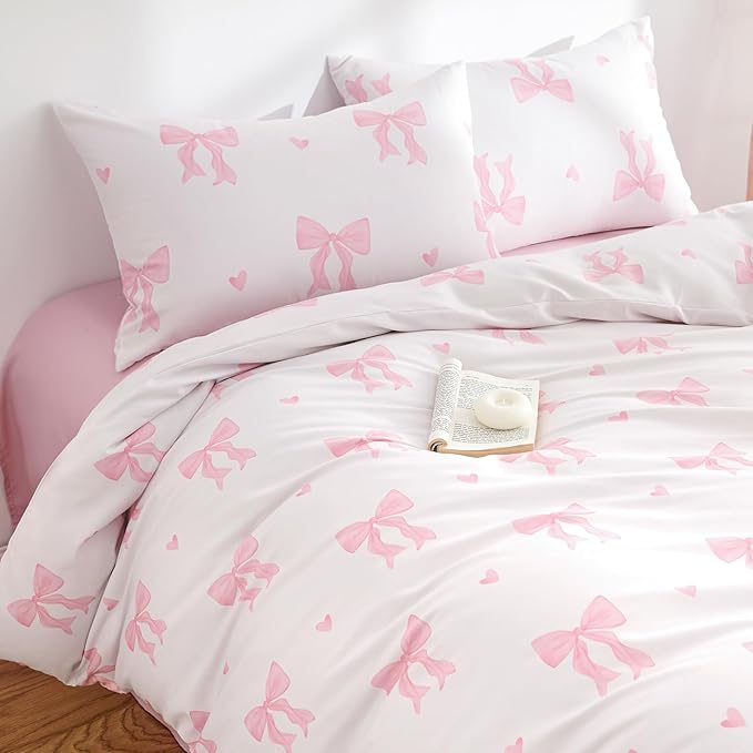 Nayoroom Pink Bow Comforter Set Queen Size Cute Heart Comforter 3 Pieces Soft Lightweight Girls Coquette Dorm Bedding Set for All Seasons
