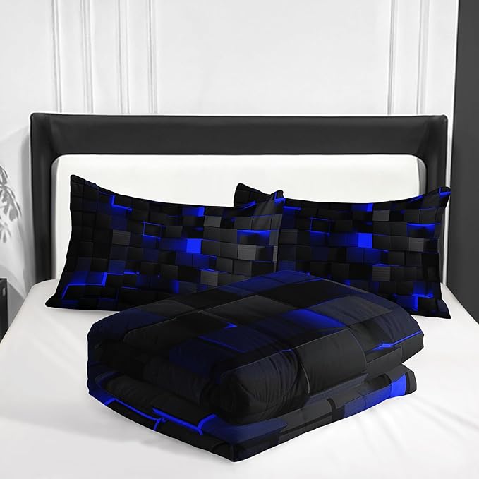 Neon Blue Black Comforter Set Full Geometric Kids Bedding Set,3 PCS Geometry Honeycomb Bed Set Modern Quilt Set 1 Comforter 2 Pillow Cases Cool Room Decor All Season B-Side Black