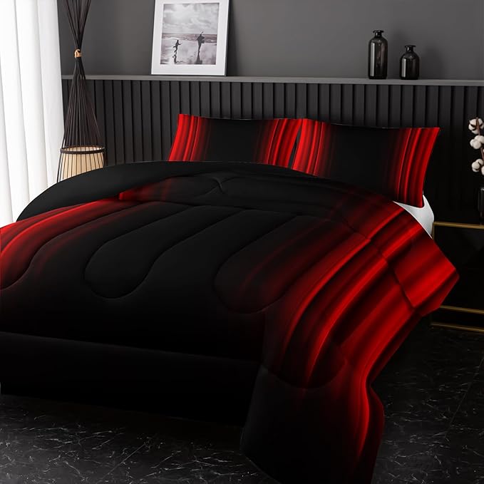 Red and Black Bedding Set Full Size Abstract Ombre Comforter Set for Teen Boys, Mordern Bedding Set 3 Piece in A Bag,Dark Quilt Set Mordern Art Decor Lightweight All Seasons with Pillowcases