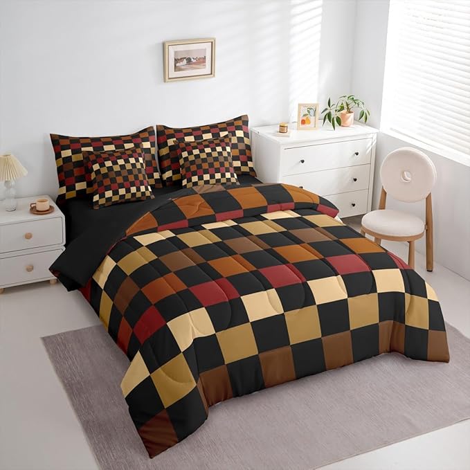 Feelyou Checkered Retro Comforter Set with Sheets 7 Piece King Size Brown Red Black Plaid Bed in a Bag Kids Boys Girls Geometric Vintage Bedding Set Modern Simple Groovy Aesthetic Bedroom Decor Soft