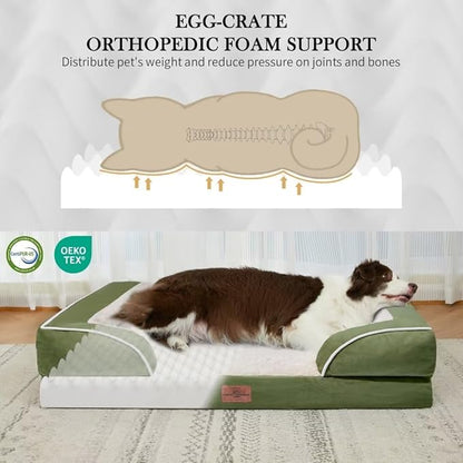 Comfort Expression Orthopedic Dog Bed for Extra Large Dogs 42x30 Inch, Waterproof Egg Crate Foam XL Pet Bed with Removable Bolsters, Dog Couch with Washable Cover & Non-Slip Bottom, Light Green