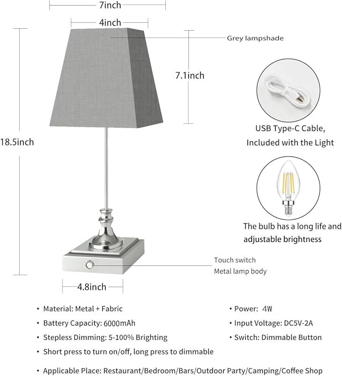 Rechargeable LED Table Lamps with Stepless Touch Control,Light Sliver Cordless Lamp for Living Room&Bedside&Patio&Shower,Small Desk Lamp(6000mAH Battery),2 Pack for Home Decor,Best Gifts for Family