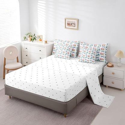 Erosebridal Blue Bowknot Pink Flowers Girly King 7-Piece Comforter Set | Kawaii Cute Bow Sheets and Pillowcases Floral Garden Ribbon Bed in A Bag Kids Teens Women Bed Sets