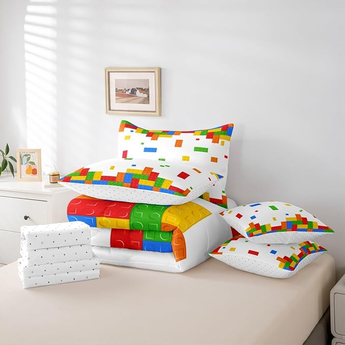 Boys Construction Kids Bedding Sets Queen Size 7 Pcs,Building Block Gaming Comforter Set for Girls Boys Room Decor,Cartoon Watercolor Brick Fitted Flat Sheet with 2 Throw Pillow Covers 2 Pillowcases