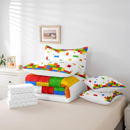 Boys Construction Kids Bedding Sets King Size 7 Pcs,Building Block Gaming Comforter Set for Girls Boys Room Decor,Cartoon Watercolor Brick Fitted Flat Sheet with 2 Throw Pillow Covers 2 Pillowcases