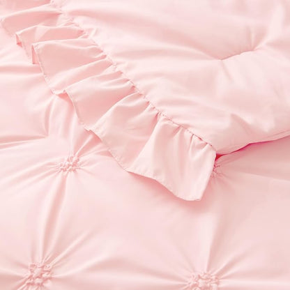 BEDELITE Baby Pink Comforter Set Queen - 3 Pieces Boho Ruffle Pintuck Bedding Comforter Sets, Lightweight Soft & Warm Bed Comforter with 2 Pillowcases for Spring,Valentines Day Gift
