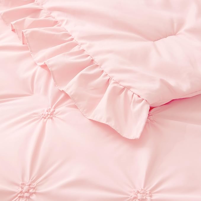 BEDELITE Baby Pink Twin Comforter Set - 2 Peices Boho Ruffle Pintuck Bedding Comforter Sets, Lightweight Soft & Warm Twin Bedding Sets with 1 Pillowcase for All Season