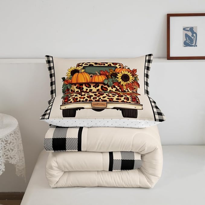 Plaid Pumpkin Comforter Set Fall Thanksgiving Harvest Bedding Set Gifts For Kids Teen Adults Twin,Brownleopard Truck Pumpkins Bedding Comforters,Butterfly Sunflower Maple Leaf Bedding Quilted 2 Pcs