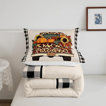 Plaid Pumpkin Comforter Set Fall Thanksgiving Harvest Bedding Set Gifts For Kids Teen Adults Twin,Brownleopard Truck Pumpkins Bedding Comforters,Butterfly Sunflower Maple Leaf Bedding Quilted 2 Pcs