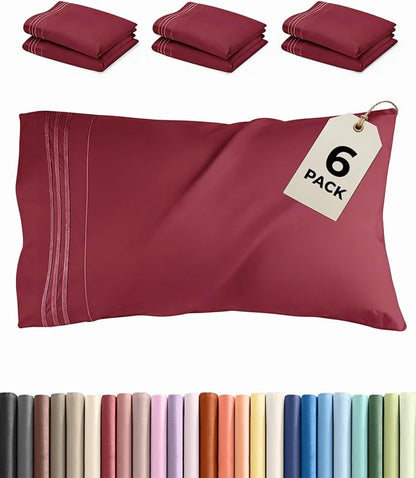 King Pillow Cases Set of 6 - Ultra Soft Hotel Quality Pillowcase Covers - Comfy & Wrinkle Free - Shrink, Stain & Fade Resistant - Easy-Care, Machine Washable Pillow Protectors - 6 Piece Set - Burgundy