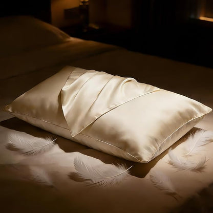 BHZ Beige Satin Goose Down Feather Pillows Queen Size with Pillowcase for Hair and Skin, Cooling Pillow Cases Similar to Silk Pillow Cases, Decorative for Women, Mom Men