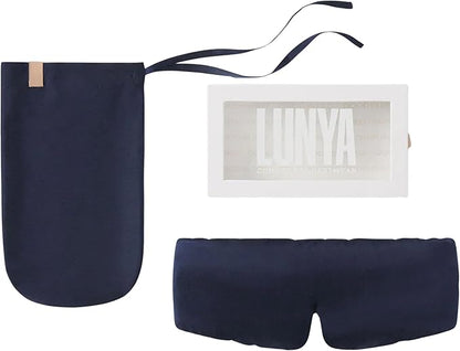 Lunya Weighted Silk Sleep Mask – Mulberry Silk Eye Cover with Cooling Glass Beads, Noise-Reducing Fit, Washable Fabric, and Travel Pouch – Sleeping Mask for Men and Women - Deep Blue - Small