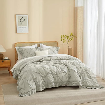AMWAN Ruffled Pintuck Shabby Chic Farmhouse Comforter Set King Size 3 PCS (1 Solid Ruffled Comforter with 2 Pillowcases) Soft Fluffy Pinch Pleated Comforter Set All Seasons Comforter Set Light Grey