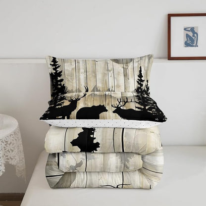 Feelyou Western Rustic Bear Deer Elk Comforter Set, Wooden Farmhouse Bedding King, Hunting Wild Animal Quilt Forest Wildlife Hunting Bedding Comforter Sets Kids Boys Teens Adult Men Bedroom Decor