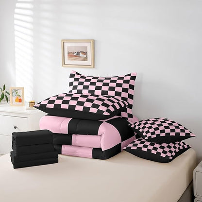 Feelyou Checkered 7 Piece Bedding Set Teen Pink Black Plaid Comforter Set with Sheets Queen Size Kids Boys Cute Retro Neutral Checkerboard Geometric Bed in a Bag Vintage Aesthetic Room Decor