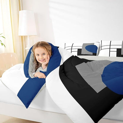 Erosebridal White Black Blue Striped Queen Comforter Set for Adult Women Men Boho Modern Geometric Abstract Bedding Set Stripes Lines Bed Set Minimalist Square and Circle Quilt Set