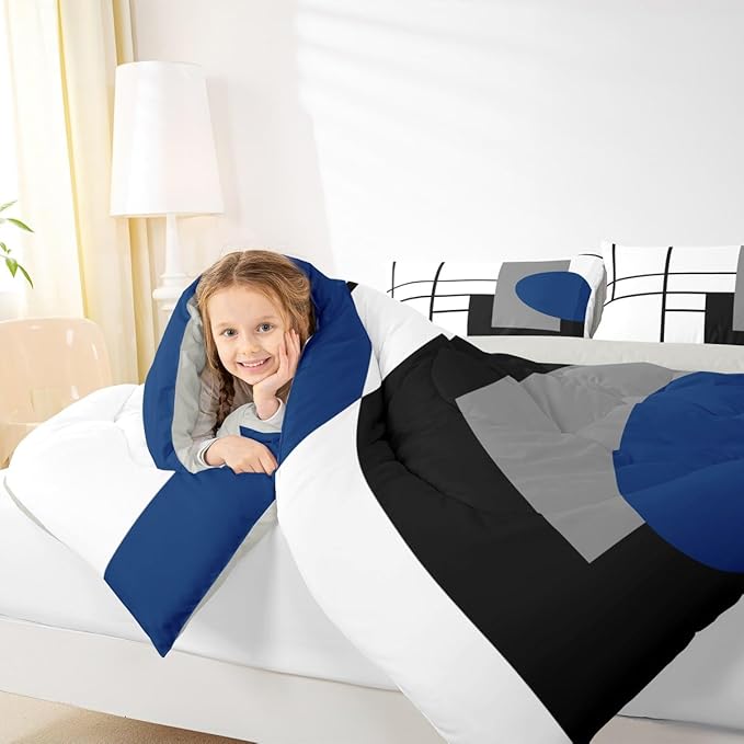 Erosebridal White Black Blue Striped Twin Bedding Sets for Adult Women Men Boho Modern Geometric Abstract Comforter Set Stripes Lines Quilt Set Minimalist Square and Circle Bed Collections
