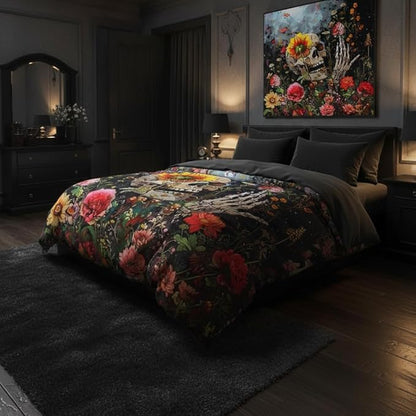 Skull Comforter Set Full Size,Gothic Rose Bedding Set for Women,3 Pieces Soft Fluffy Microfiber Bed Set with 2 Pillowcases/79 * 90