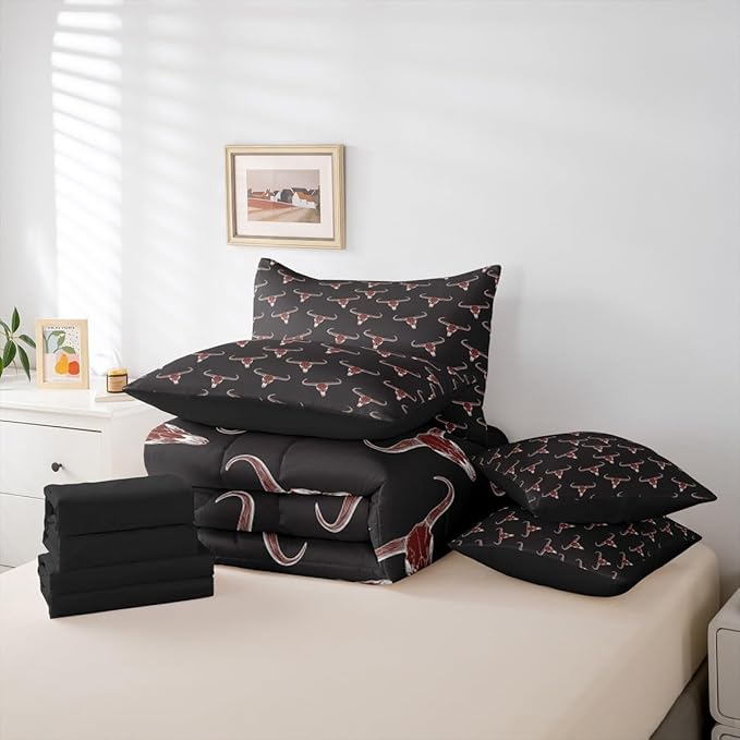 Erosebridal Bull Skull 7 Piece Comforter Set Full Ethnic Bohemian Bedding for Men Boys | Tribal Steer Skull Wildlife Aztec Bedroom Decor Farmhouse Cabin Lodge Sheet Set with Comforter,Black Red