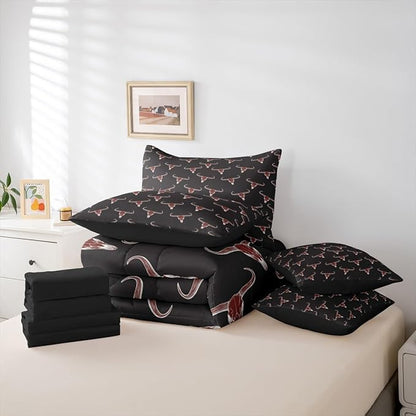 Erosebridal Bull Skull 7 Piece Comforter Set Full Ethnic Bohemian Bedding for Men Boys | Tribal Steer Skull Wildlife Aztec Bedroom Decor Farmhouse Cabin Lodge Sheet Set with Comforter,Black Red