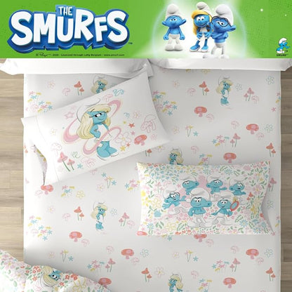 The Smurfs Smurfette Twin Bedding Set – 5 Piece Kids Super Soft Microfiber Reversible Comforter & Sheet Set - Pink, (Officially Licensed Product) by Franco