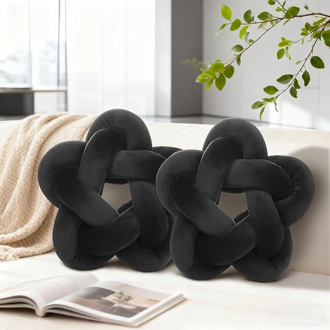 2 Piece Knot Pillows, Black Throw Pillows Knotted Star Cushion Decorative Plush Pillow for Bedroom Living Room, Black 14"