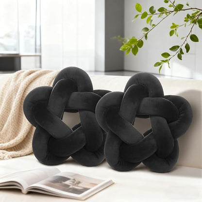 2 Piece Knot Pillows, Black Throw Pillows Knotted Star Cushion Decorative Plush Pillow for Bedroom Living Room, Black 14"
