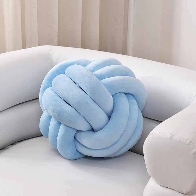 Sioloc Soft Knot Ball Pillows,Round Throw Pillow Cushion Home Decoration Plush Pillow,Throw Knotted Pillow Handmade Round Plush Pillow（13.7inches,Light Blue）