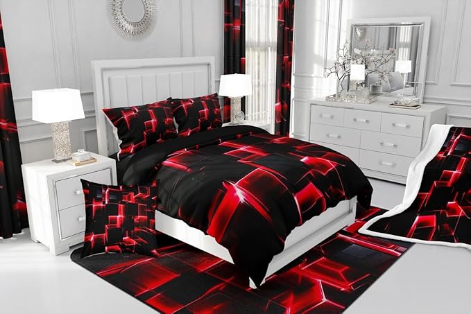 Erosebridal Red and Black Geometric Comforter Set King Size Modern 3D Stereoscopic Square Bedding Sets, Gradient Neon Honeycomb Duvet Set 3 Pieces Soft Microfiber Quilt for All Season