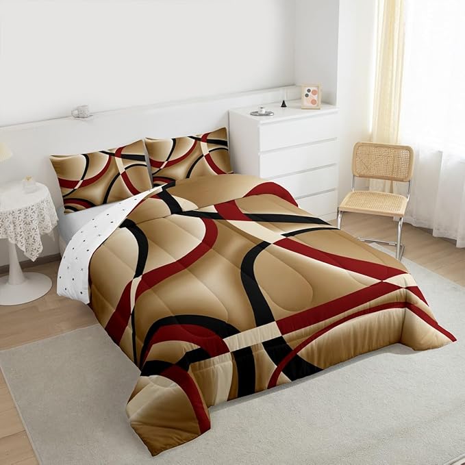 Castle Fairy Retro Circle Comforter Set Queen Size Red Brown Black Bedding Set for Kids Boys Girls Bedroom Decoration Stripe Line Art Bed Duvet Insert Geometric Modern Comforter with 2 Pillowcase