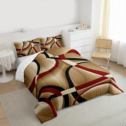 Castle Fairy Retro Circle Comforter Set Queen Size Red Brown Black Bedding Set for Kids Boys Girls Bedroom Decoration Stripe Line Art Bed Duvet Insert Geometric Modern Comforter with 2 Pillowcase