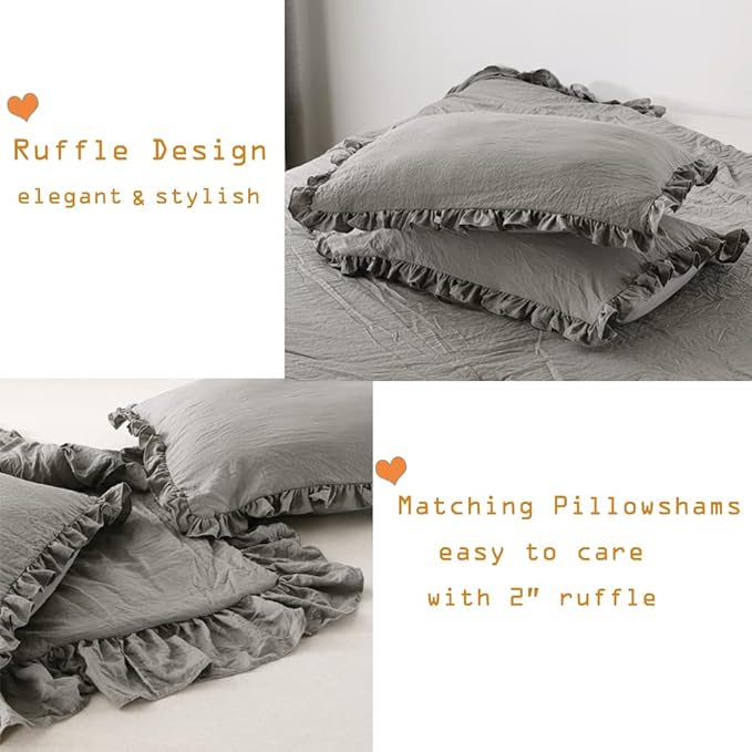 Masaca Gray Ruffled Comforter Set King,Farmhouse Shabby Boho Chic Bedding Comforter Lightweight Fluffy Aesthetic Vintage Rustic Bedding 3 Pieces (1 Ruffle Comforter and 2 Pillowcases)