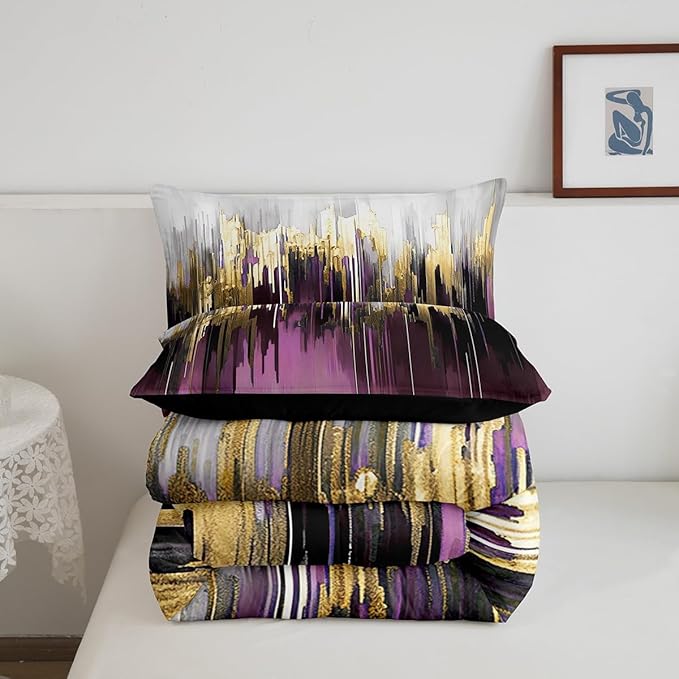 Erosebridal Purple Gradient Bedding King Oil Painting Stripe Comforter Set, Brush Marks Contemporary Ombre Duvet Insert Watercolor Graffiti Down Comforter, Aesthetic Modern Bedding Comforter Sets