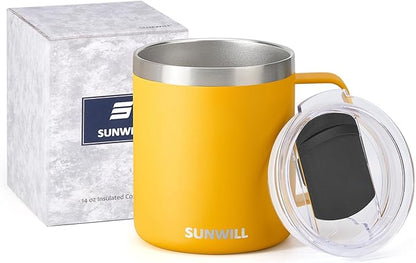 SUNWILL Insulated Coffee Mug with Lid, Travel Tumbler with Handle, 14 oz Stainless Steel Cup for Camping, Office, Home, Powder Coated Yellow