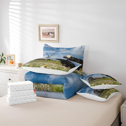 Erosebridal 7Pcs Full Comforter Set with Sheets, Rustic Cow Print Bedding Set for Kids, Windmill Decor Natural Dandelion Bed in a Bag Comforter Sets for Boys Girls Farmhouse Decor