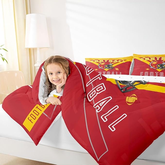 Feelyou Football Bedding Set Boys Girls Toddler Size Women Men Football City Comforter Rugby Sports Duvet Quilt Red Yellow Room Decor