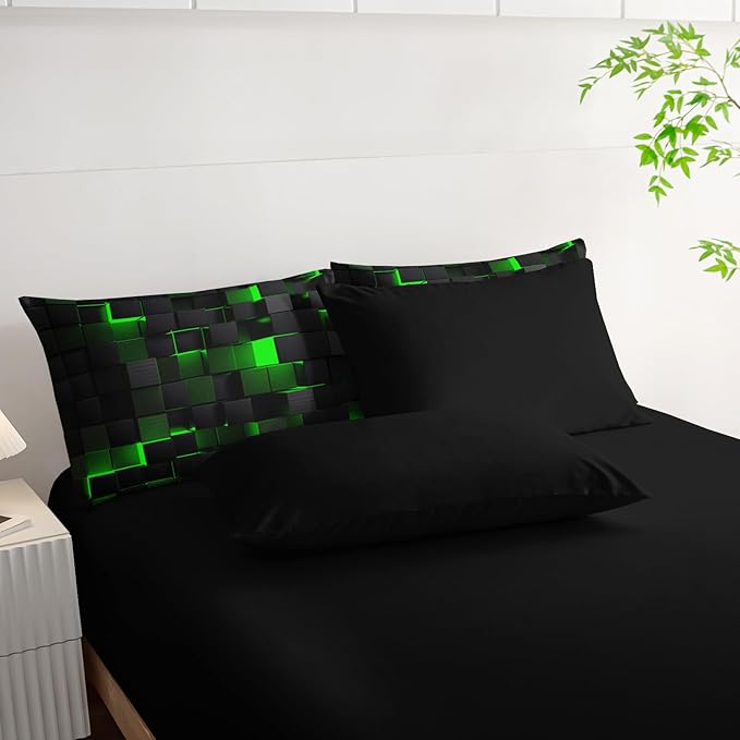 Geometric Green Black Twin Comforter Set,Light Honeycomb Bedding Set 7 Piece in A Bag,Bed Sheet Set Geometry Decor,Microfiber Lightweight All Season