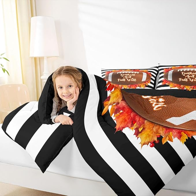 Football And Fall Y’All Bedding Set King For Boys Autumn Thanksgiving Theme Comforter Set For Kids Teen Ball Sports Quilt Duvet Soft Lightweight Maple Leaves Black Striped Comforter 2 Pillow Cases