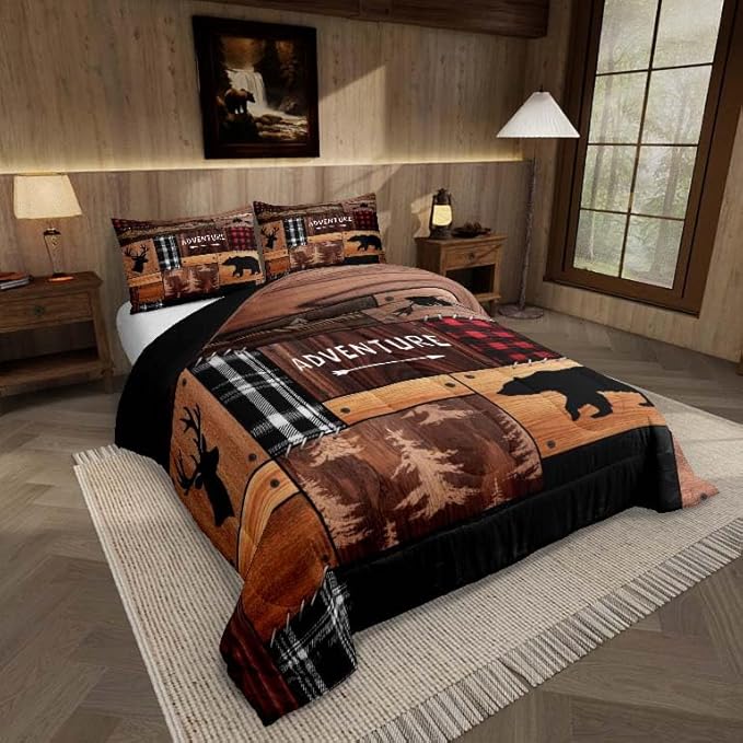 Feelyou Bear Deer Bedding Set Soft for Boys Girls, Wildlife Hunting Comforter Set King Size Rustic Cabin Duvet Quilt Microfiber Farmhouse Bedroom Decor 3 Pcs with 2 Pillow Cases