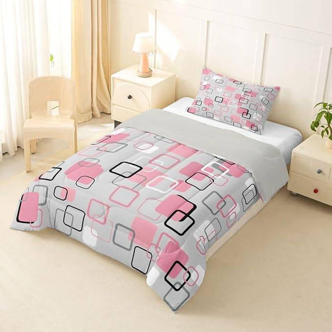 Erosebridal Pink Geometric Square Kids Comforter Sets Pink and Gray Striped Toddler Bedding Set for Girls Boys Minimalist Art Aesthetic Comforter Set Modern Abstract Plaid Quilt Duvet 2 Pcs