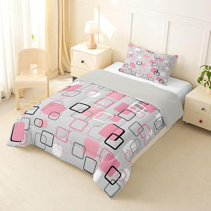 Erosebridal Pink Geometric Square Kids Comforter Sets Pink and Gray Striped Toddler Bedding Set for Girls Boys Minimalist Art Aesthetic Comforter Set Modern Abstract Plaid Quilt Duvet 2 Pcs