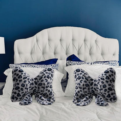 Leopard Print Throw Pillow Furry Bow Plush Pillows Cute Flower Plush Pillow Cheetah Home Decor Stuffed Bow Lumbar Pillow for Bed Couch Living Room Decor (Blue, 16in)