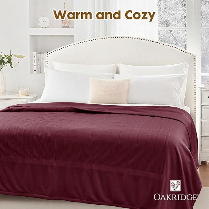 OakRidge Digital Comfort Fleece Heated Twin Blanket - Burgundy, 100% Polyester, Machine Washable, Oeko-TEX Certified, Perfect for Warm Nights, Controlled Heat Settings