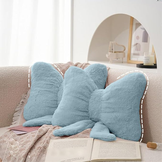 2Pack Soft Furry Bow Throw Pillows Cute Bowknot Plush Pillow Home Decor Stuffed Bow Lumbar Pillow for Bed Couch Living Room Decor (Blue)
