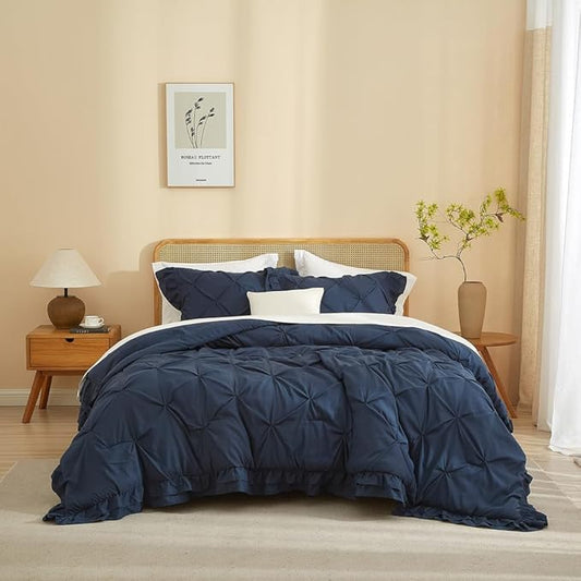 AMWAN Dark Blue Ruffled Pintuck Comforter Set Queen Size, Microfiber Pinch Pleated Comforter Set Vintage Shabby Chic Bedding, 3 Piece Brushed Comforter Set, 1 Ruffled Comforter with 2 Pillowcases