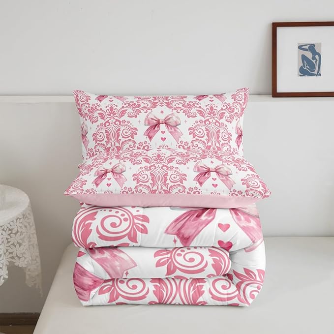 Feelyou Girls Pink Bowknot Comforter Set Full Size Goth Damask Comforter Victorian-Themed Bedding Set Baroque Duvet Set Vintage Floral Quilt Set 3Pcs